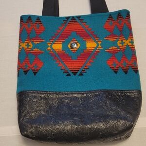 Western Aztec Saddle Blanket Tote Bag Faux Tooled Leather Boho